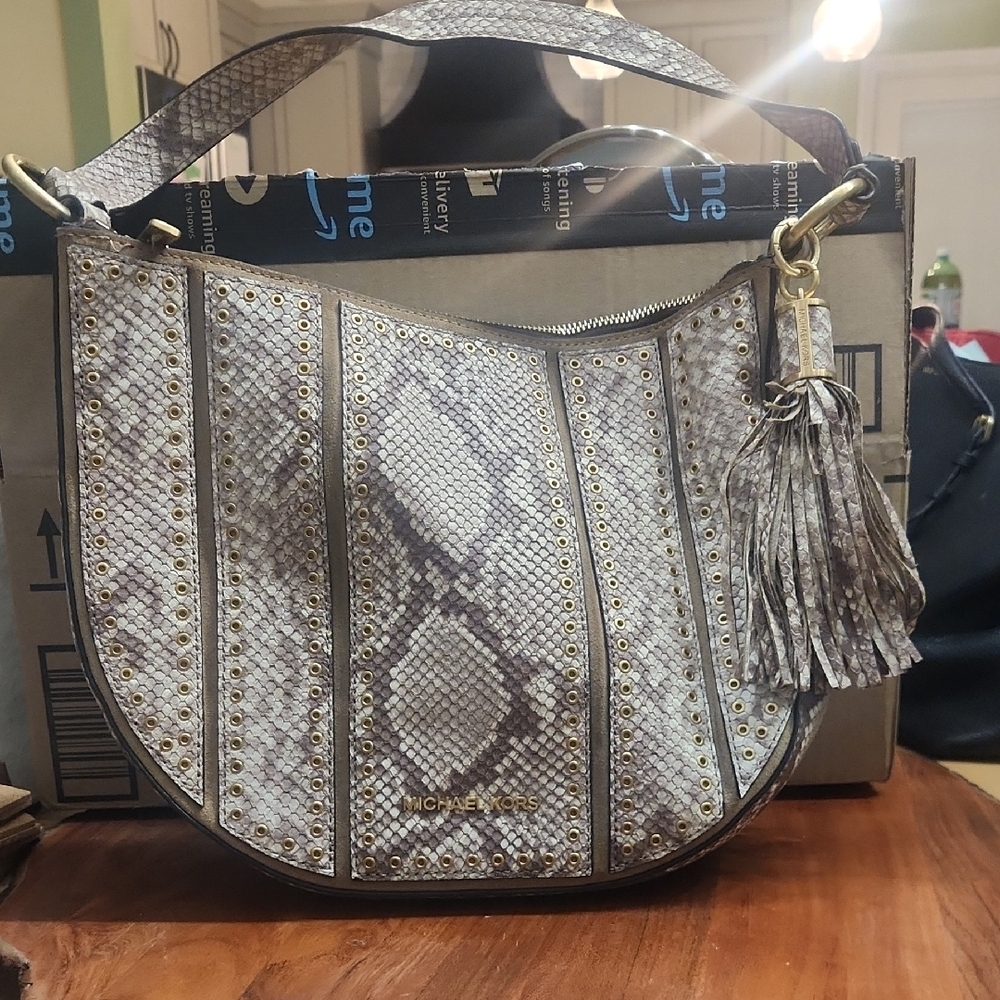 Michael Kors Snake Print Shoulder Bag - Cream and Gray